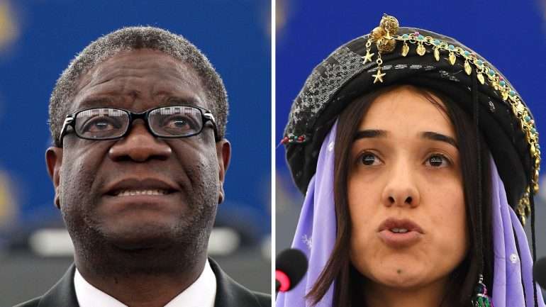 Denis Mukwege e Nadia Murad aquando das respetivas cerimónias de entrega do Prémio Sakharov