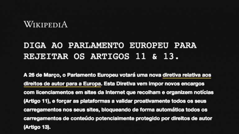 A parte inicial da mensagem na Wikipédia esta segunda-feira