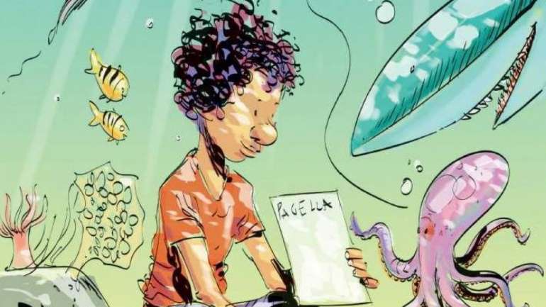 Marco Dambrosio, mais conhecido como Makkox, imaginou este rapaz desde o seu cabelo ao seu rosto e desenhou-o sentado na areia no fundo do mar