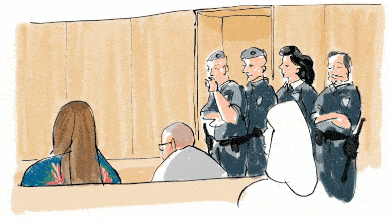 Ilustração real da sala de audiências. Diana Fialho está sentada à esquerda, de costas, e Iuri Mata à sua direita