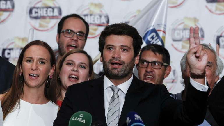 André Ventura enquanto fazia o discurso final, depois de ter eleito um deputado