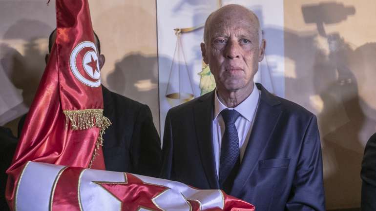 Kais Saied durante a conferência de imprensa, este domingo