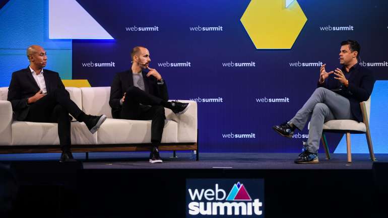 Luisão e Pedro Marques com Pedro Pinto, no painel que abriu o palco do Sports Trade na Web Summit