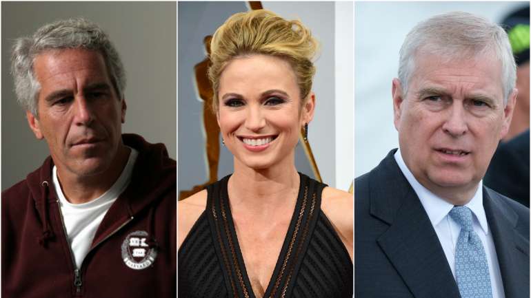 À esquerda, Jeffrey Epstein, milionário que estava preso por abuso sexual quando foi encontrado sem vida na cela. No centro, a jornalista Amy Robach. À direita, o príncipe André