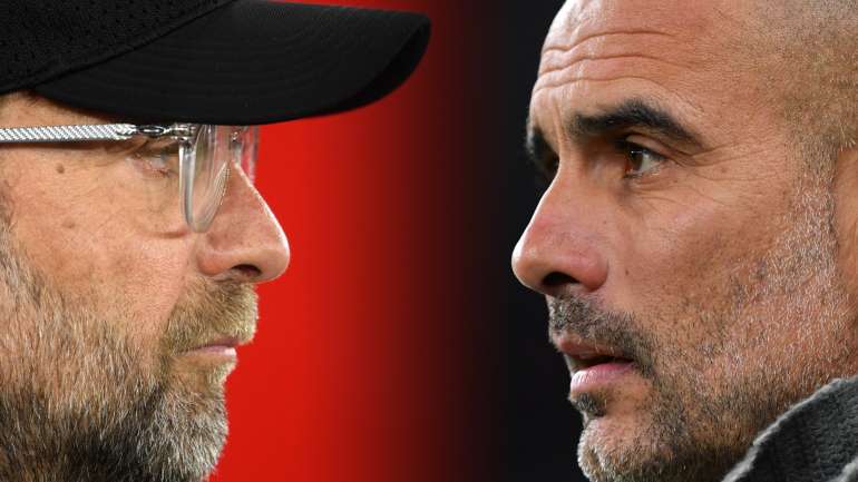Jurgen Klopp, treinador do Liverpool, e Pep Guardiola, técnico do Manchester City