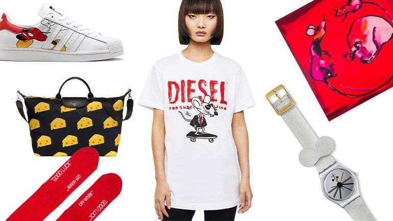 Da esquerda para a direita, no sentido dos ponteiros do relógio: ténis Adidas, t-shirt Diesel, lenço Paul Smith, relógio Swatch, meias Off-White e saco Longchamp