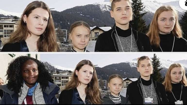 Vanessa Nakate (no canto inferior esquerdo) posou com outras quatro ativistas pelo clima, incluindo a sueca Greta Thunberg, para uma fotografia em Davos, na Suíça