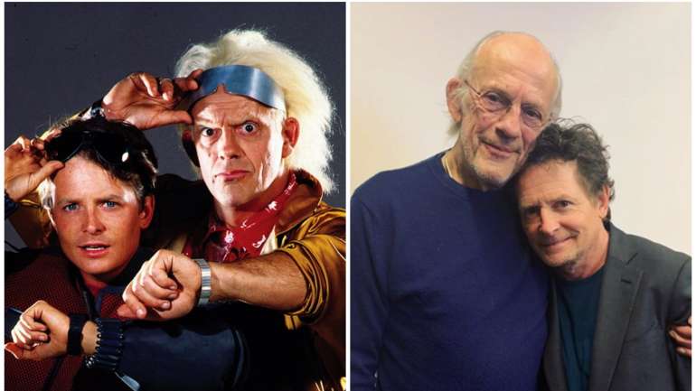 À esquerda, Michael J. Fox e Christopher Lloyd nos anos de 1980. À direita, em 2020