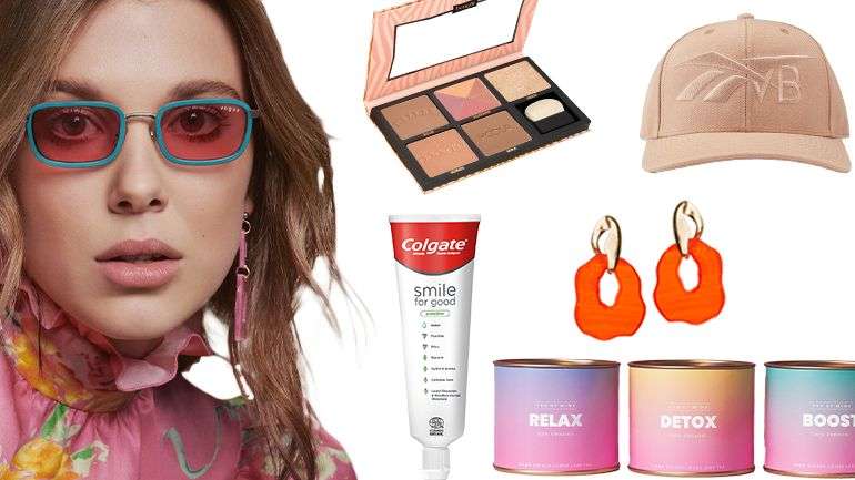 Da esquerda para a direita, no sentido dos ponteiros do relógio: óculos MBB x Vogue Eyewear, paleta Benefit, boné Reebok & Victoria Beckham, brincos Mango, chás Tea of Mine e Colgate Smile For Good