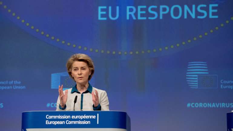 Úrsula Von der Leyen na conferência de imprensa da manhã desta quarta-feira. Crédito: Comissão Europeia
