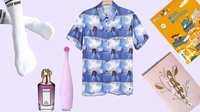 Da esquerda para a direita, no sentido dos ponteiros do relógio: meias Sockapro, camisa Decenio x Alexandra Moura, revista Dois Pontos, "Calimentário" da editora Vira, escova de dentes Foreo e perfume Penhaligon