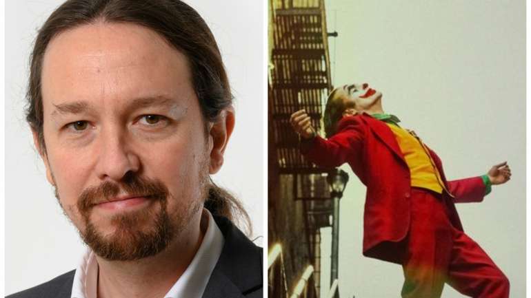 Pablo Iglesias é líder do Podemos e vice-presidente do executivo espanhol. À direita, a imagem que partilhou do arqui-inimigo de Batman, o Joker.