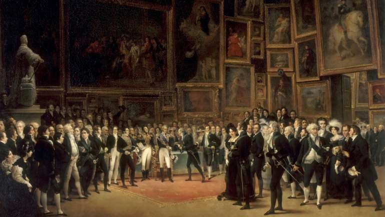 Carlos X entrega as de ouro destinadas aos participantes que mais se destacaram no Salon do Louvre de 1824, onde "A Morte de Camões" de Domingos Sequeira esteve exposta antes de desaparecer