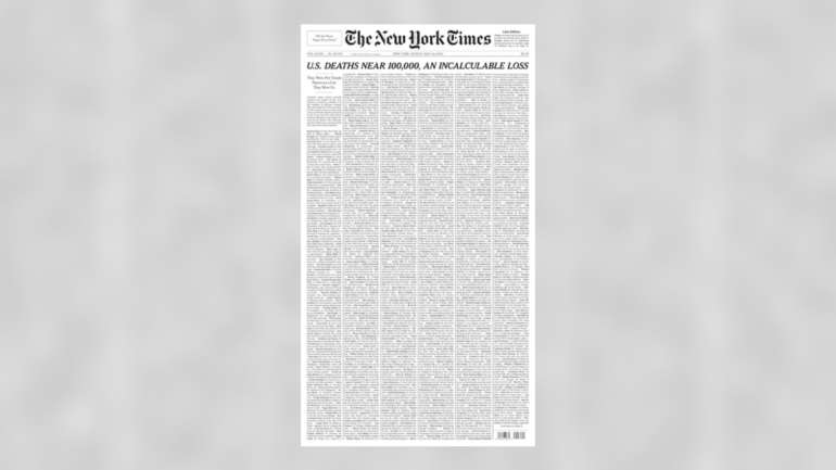 A primeira página do The New York Times deste domingo apresenta apenas uma extensa lista de nomes das vítimas mortais
