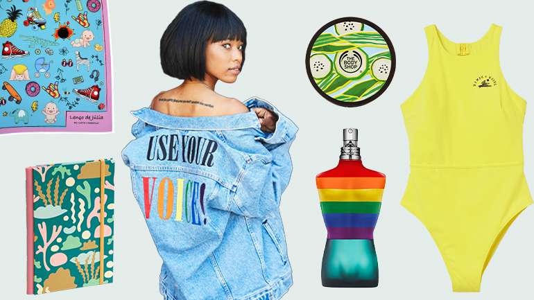 Da esquerda para a direita, no sentido dos ponteiros do relógio: "O Lenço de Júlia", coleção Pride da Levi's, hidratante corporal The Body Shop, fato de banho Women + Waves x H&M, perfume Le Male Pride e caderno Bulhufas