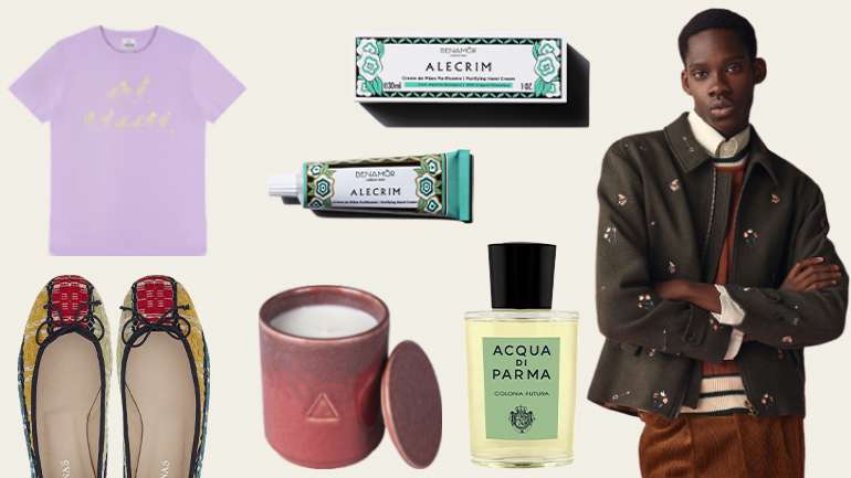 Da esquerda para a direita, no sentido dos ponteiros do relógio: t-shirt Les Filles x Bastian, creme Benamôr, coleção Gant x Luke Edward Hall, colónia Aqua di Parma, vela Osynlig da Ikea e sabrinas Josefinas,
