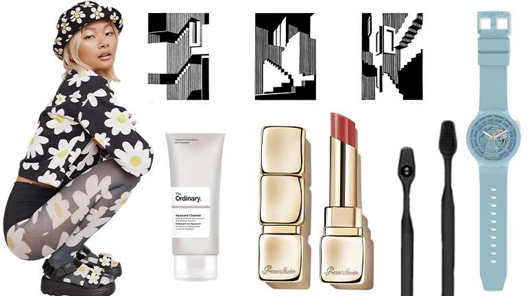 Da esquerda para a direita, no sentido dos ponteiros do relógio: sandálias Melissa / Lazy Oaf, gravuras Fresca Studio, relógio Swatch, escova de dentes Doop, batom Guerlain e gel de limpeza The Ordinary