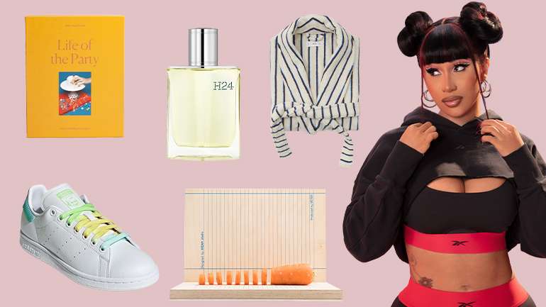 Da esquerda para a direita, no sentido dos ponteiros do relógio: ténis Stan Smith da Adidas, puzzle da Piecework Puzzles, perfume H24 da Hermès, roupão Mango, coleção de Cardi B para a Reebok e tábua de cozinha Copy Paste
