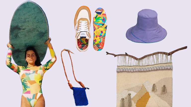 Da esquerda para a direita, o SurfSuit solidário da Oiôba, a linha Fulia da CUSCUZ x Drew, um par de Shoevenir, o bucket Branca Cuvier x Hyena e a tapeçaria Mariana Ralo