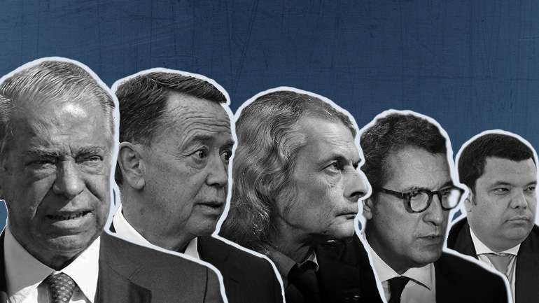(da esquerda para a direita) Ricardo Salgado (ex-líder do BES), Manuel Pinho (ex-ministro da Economia), João Manso Neto (ex-CEO da EDP Renováveis), António Mexia (ex-CEO da EDP) e João Conceição (ex-assessor de Pinho e atual administrador da REN)