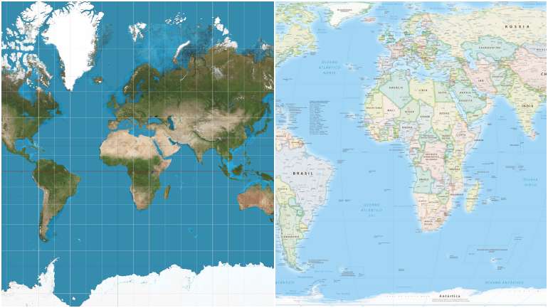 A projeção atualmente usada (à esquerda) exagera o tamanho dos países mais longe do Equador