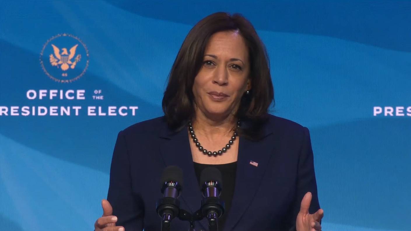 epa08927255 A frame grab from a handout video released by the Office of the President Elect shows US Vice President-Elect Kamala Harris speaking during a press conference in Wilmington, Delaware, USA, 08 January 2021. US President-Elect Joseph R. Biden announced his economics and jobs team.  EPA/OFFICE OF THE PRESIDENT ELECT / HANDOUT  HANDOUT EDITORIAL USE ONLY/NO SALES