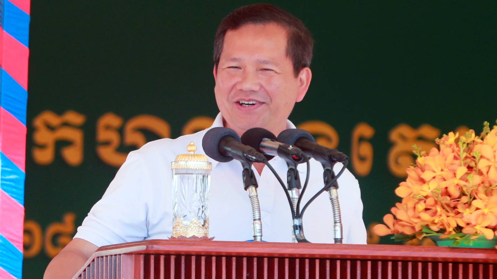 epa11526592 Cambodian Prime Minister Hun Manet gives a speech during an inauguration ceremony for the Funan Techo canal along the Prek Takeo channel in Kandal province, Cambodia, 05 August 2024. Cambodia officially broke ground on the Funan Techo Canal, a 1.7 billion dollar project with a length of 180 kilometers to connect the Mekong River to a Cambodian port on the Gulf of Thailand and offer alternative transit via Vietnam.  EPA/KITH SEREY