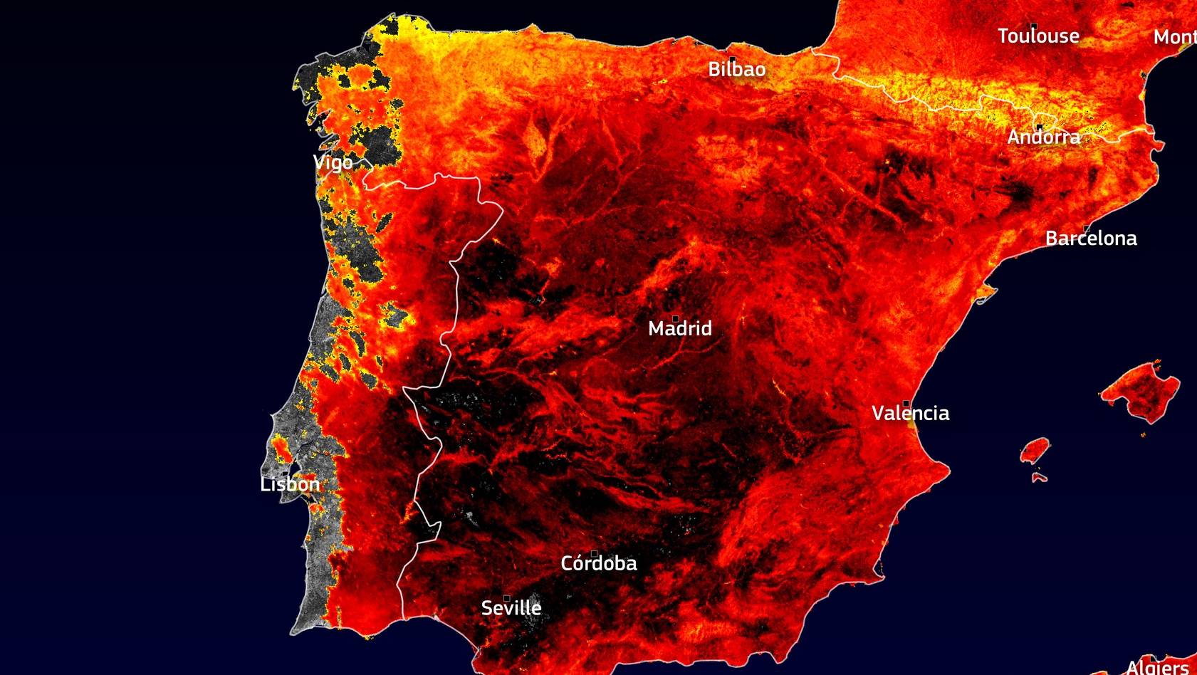 Imagem de satélite da Península Ibérica do dia 14 de julho de 2022 captada pelo Copernicus Sentinel-3 do Programa europeu de Observação da Terra, A onda de calor extrema na Europa, com muitos recordes de temperatura foram batidos em Portugal e Espanha. De acordo com o IPMA - Instituto Português do Mar e da Atmosfera a estação meteorológica do Pinhão registou uma temperatura do ar de 47°C no dia 14 de Julho. (Fotografia distribuída a 15 de julho de 2022). UNIÃO EUROPEIA, IMAGENS DO COPERNICUS SENTINEL-3 / LUSA