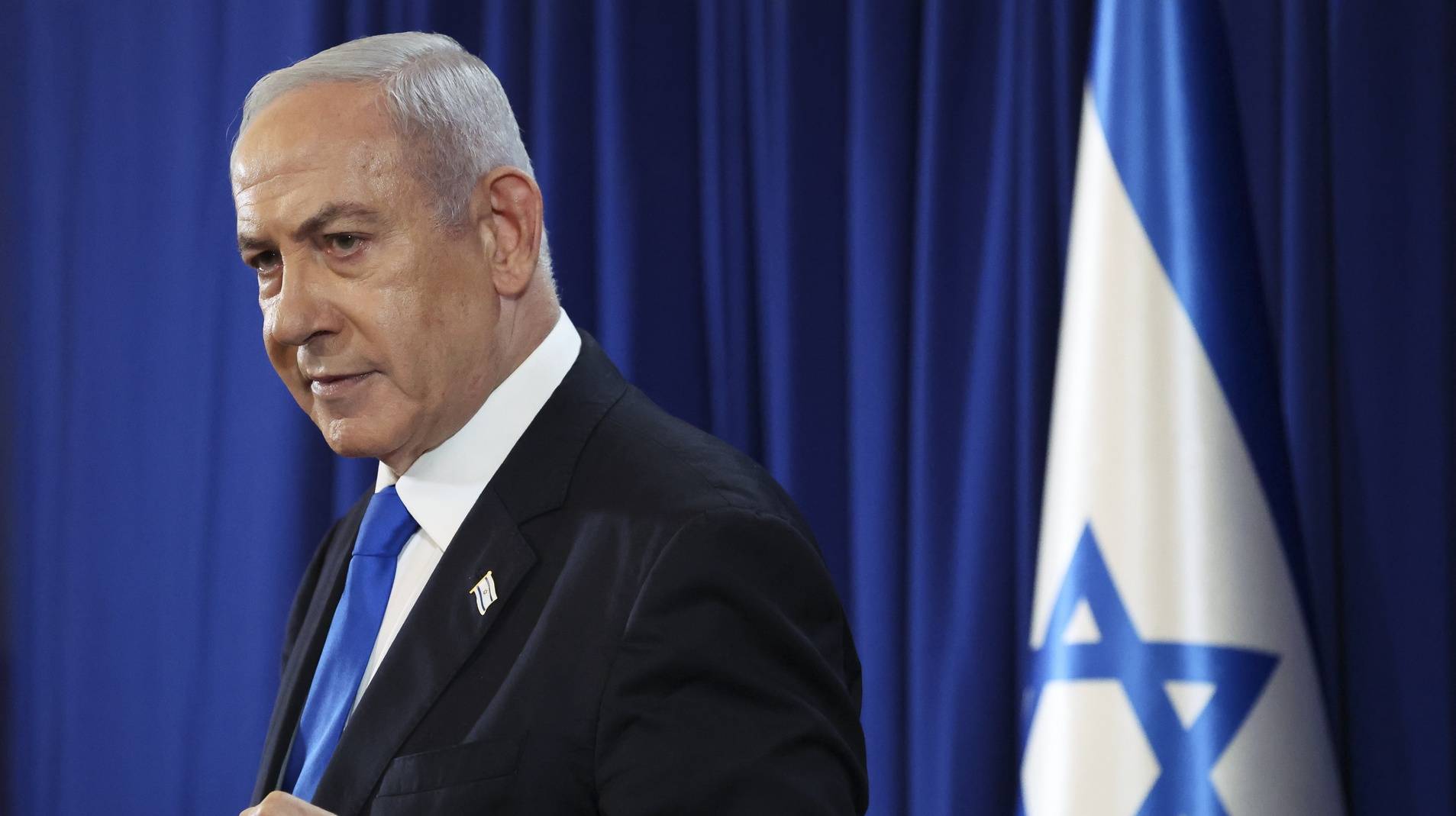 epa11476530 Israeli Prime Minister Benjamin Netanyahu gestures during a press conference amid the ongoing conflict in Gaza between Israel and Hamas, in Tel Aviv, Israel, 13 July 2024.  EPA/NIR ELIAS / POOL