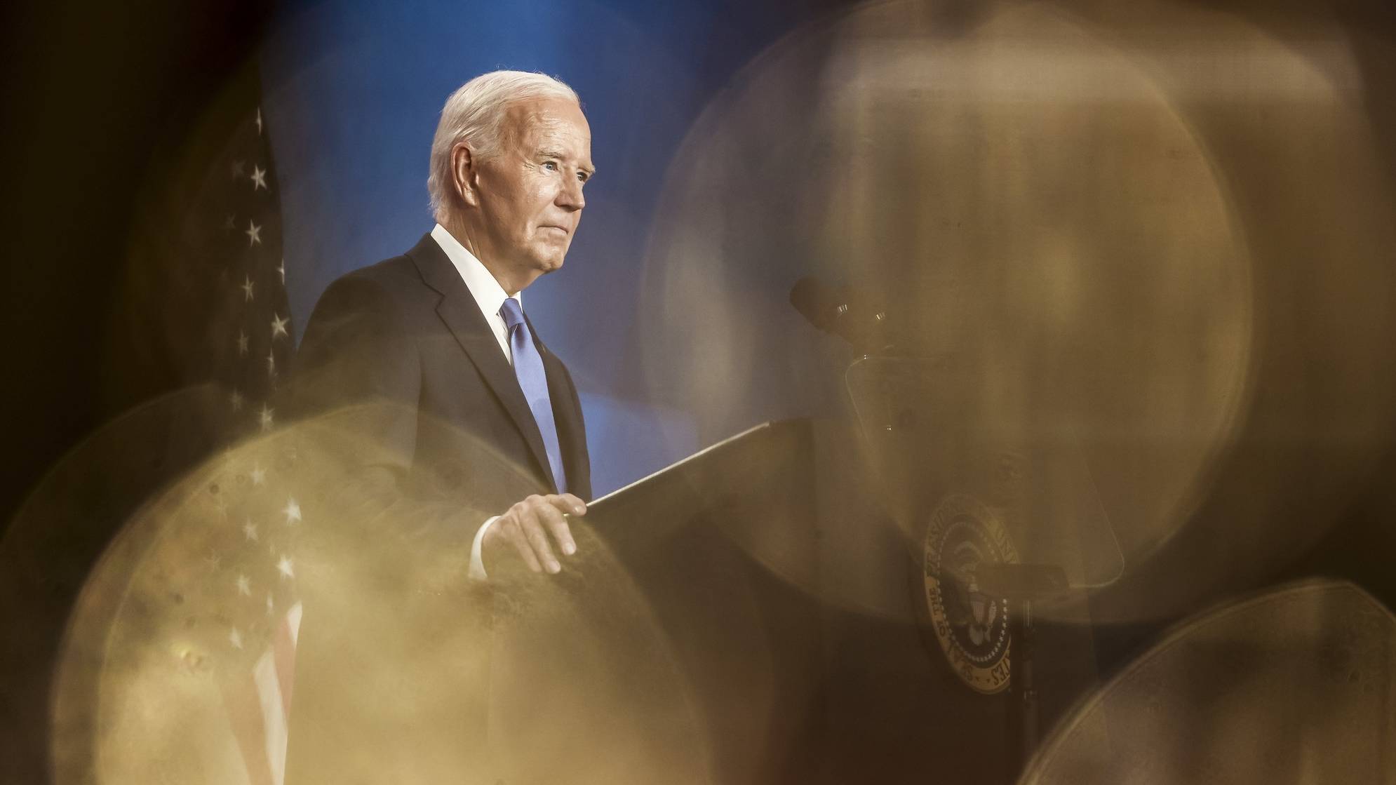 epa11473519 US President Joe Biden speaks during a press conference on the sidelines of the 75th Anniversary of the North Atlantic Treaty Organization (NATO) Summit at the Walter E. Washington Convention Center in Washington, DC, USA, 10 July 2024. President Biden is under increasing pressure from Democrats to step aside as the party’s presidential candidate.  EPA/JIM LO SCALZO