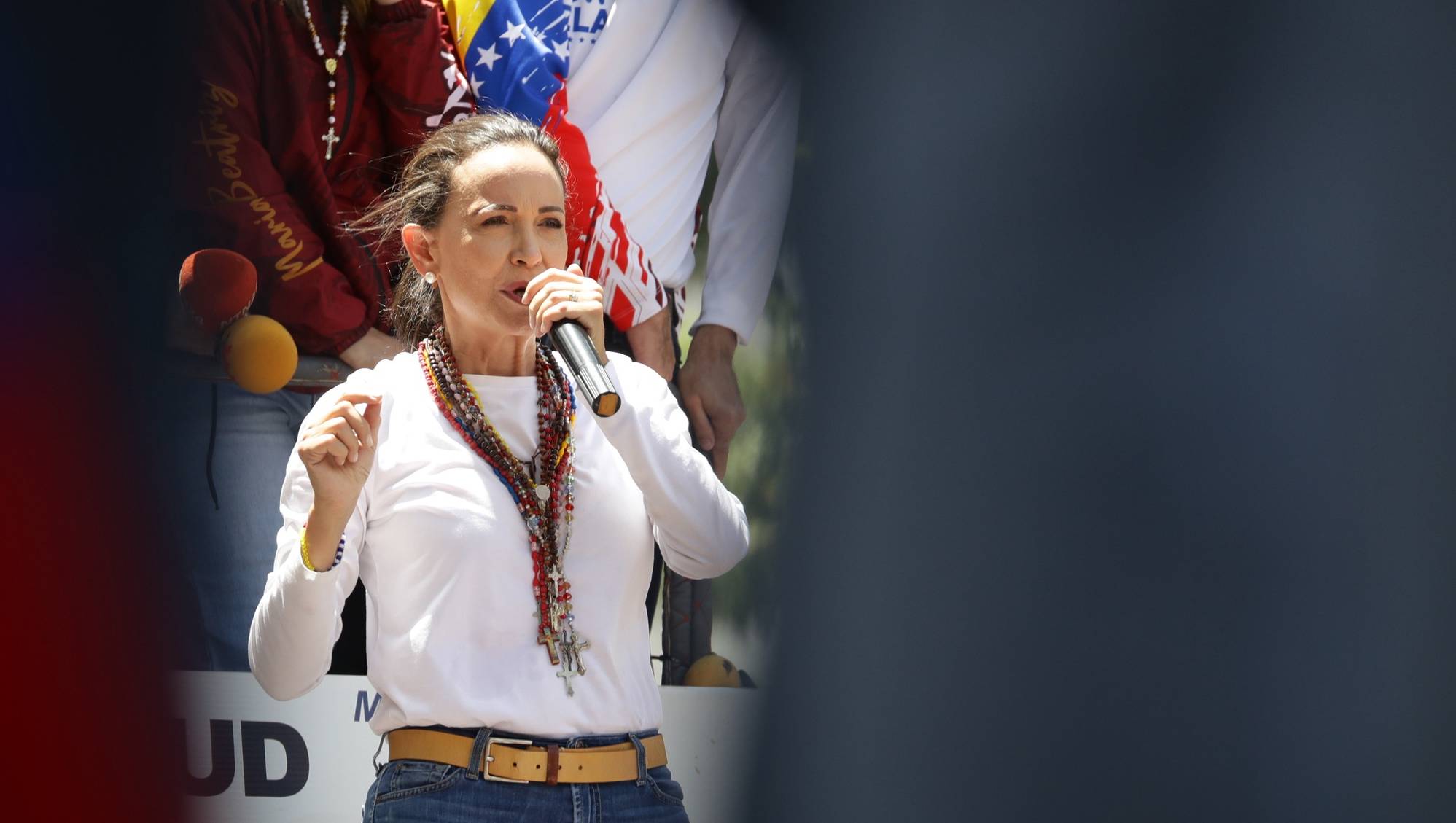 epa11523433 Venezuelan opposition leader Maria Corina Machado speaks at a protest against the official results of the 28 July presidential elections in Caracas, Venezuela, 03 August 2024. The Venezuelan National Electoral Council (CNE) on 02 August 2024 proclaimed Nicolas Maduro as re-elected president of Venezuela.  EPA/RONALD PENA R.