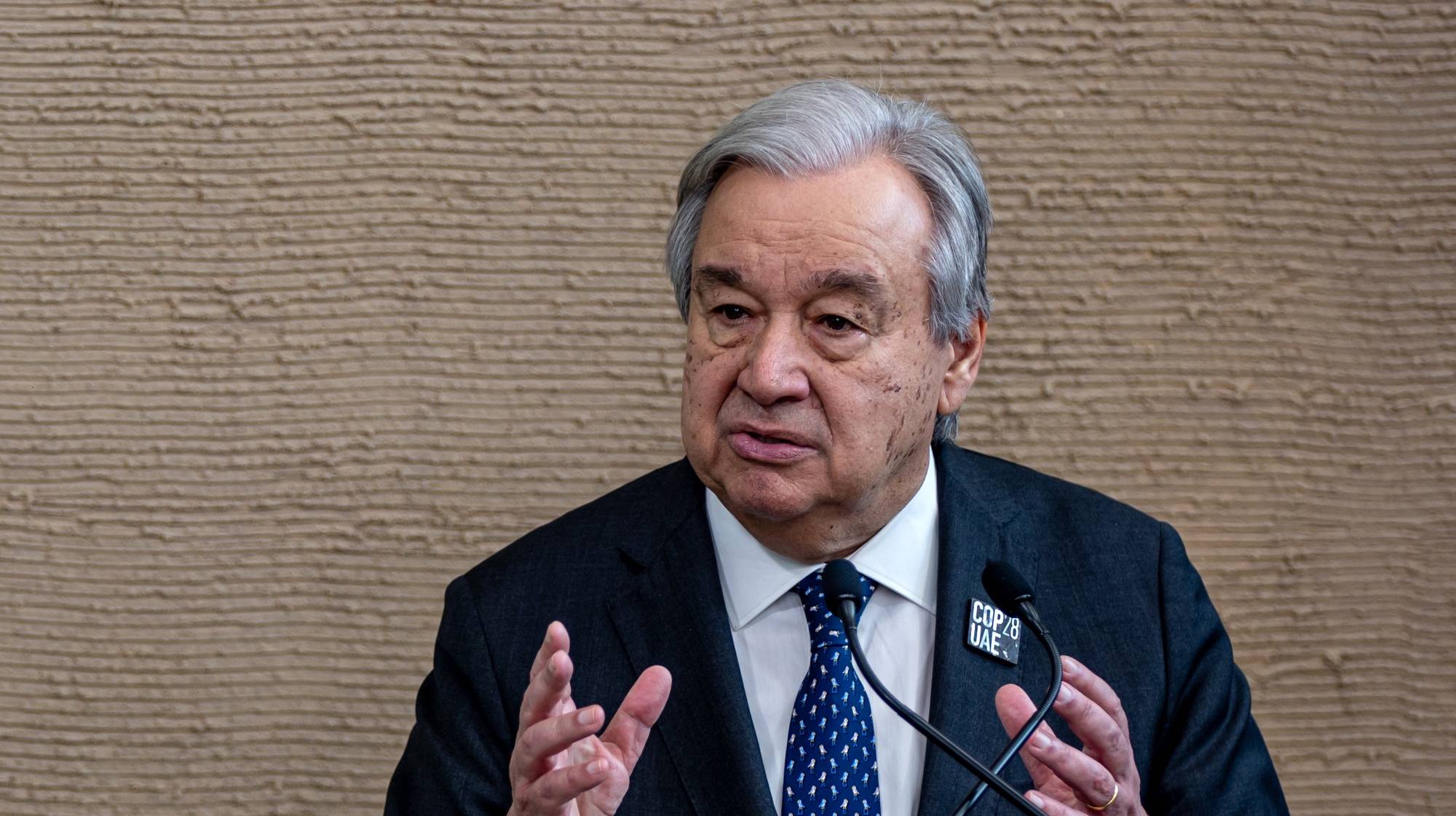 epa11022459 United Nations Secretary-General, Antonio Guterres, speaks to journalists during the 2023 United Nations Climate Change Conference (COP28), in Dubai, United Arab Emirates, 11 December 2023. COP28 runs from 30 November to 12 December, and is expected to host one of the largest number of participants in the annual global climate conference as over 70,000 estimated attendees, including the member states of the UN Framework Convention on Climate Change (UNFCCC), business leaders, young people, climate scientists, Indigenous Peoples and other relevant stakeholders will attend.  EPA/MARTIN DIVISEK