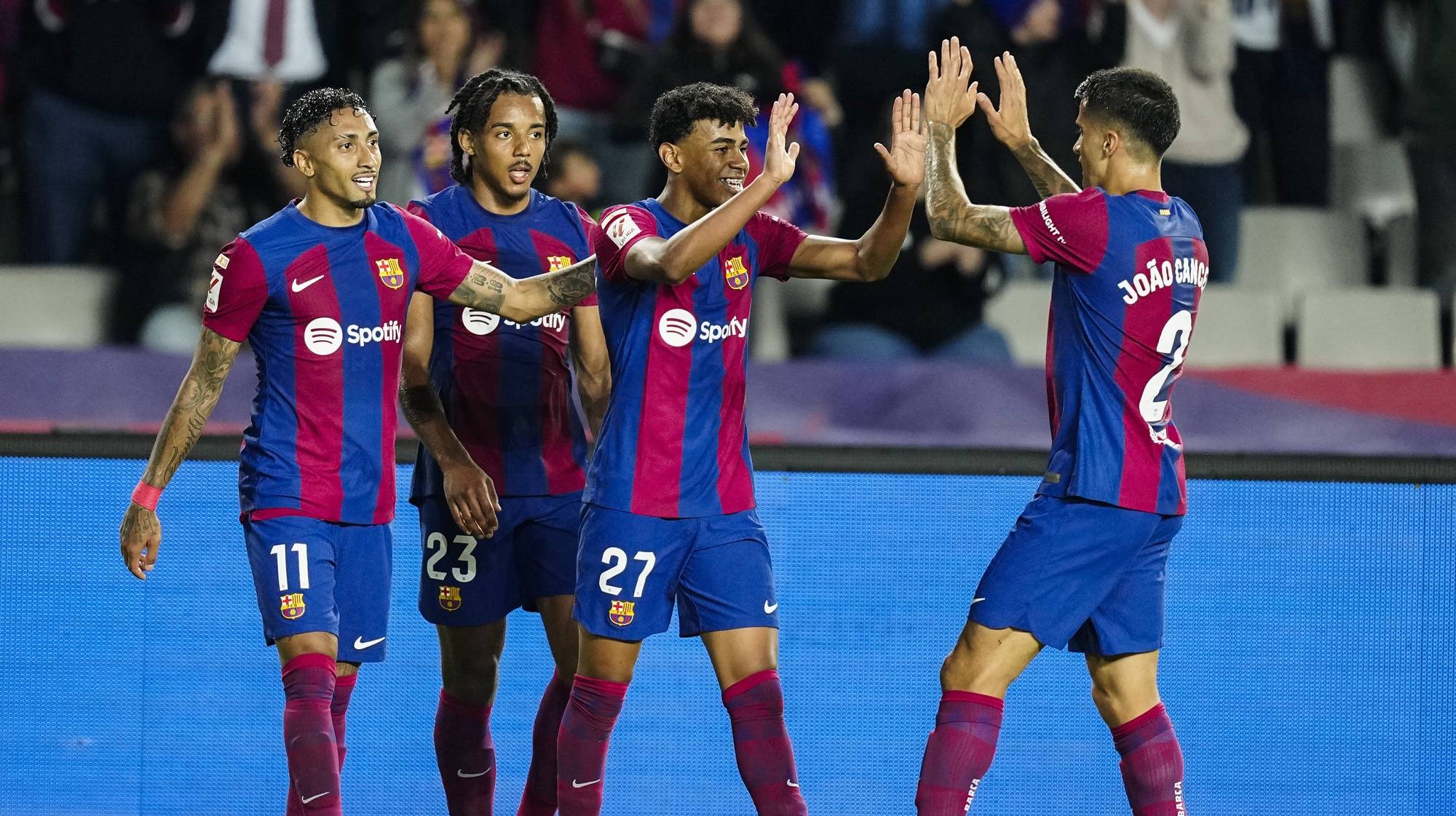 epa11338020 FC Barcelona&#039;s Lamine Yamal (2R) celebrates after scoring the 1-0 lead during the Spanish LaLiga EA Sports soccer match between FC Barcelona and Real Sociedad at Lluis Companys stadium in Barcelona, Spain, 13 May 2024.  EPA/Enric Fontcuberta