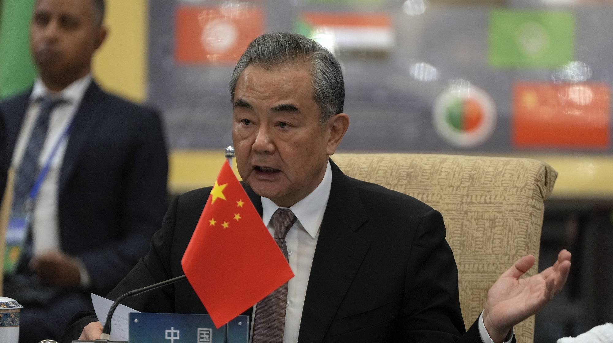 epa11378777 Chinese Foreign Minister Wang Yi speaks as he chairs the 10th ministerial meeting of the China-Arab States Cooperation Forum at the Diaoyutai State Guesthouse in Beijing, China, 30 May 2024.  EPA/Andy Wong / POOL POOL PHOTO