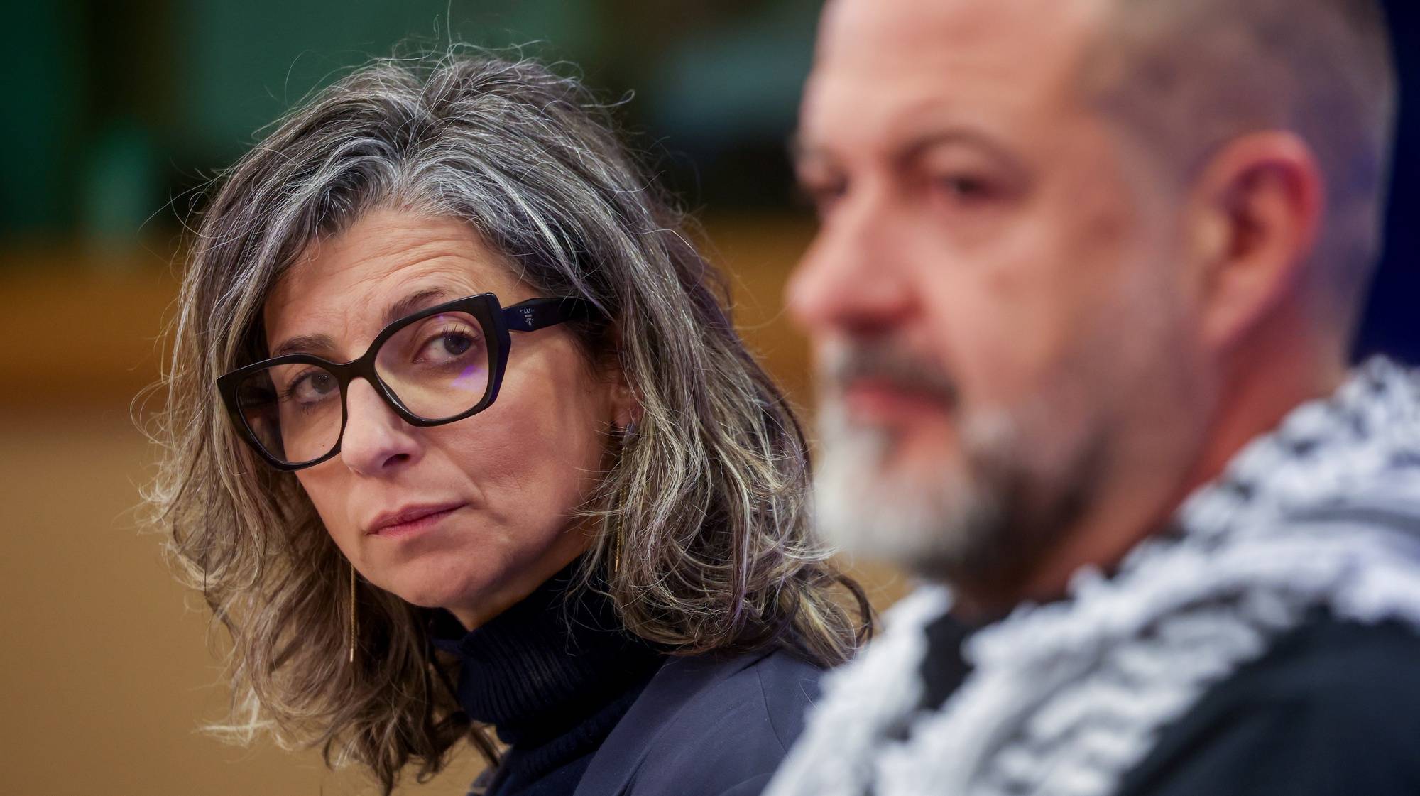 epa11269379 UN Special Rapporteur on the situation of human rights in the Palestinian territories Francesca  Albanese (L) and Spanish members of European Parliament, Chair of the Delegation for relations with Palestine Manu Pineda (R), during a press conference ahead of a EU Parliament plenary session in Brussels, Belgium, 10 April  2024.  EPA/OLIVIER HOSLET