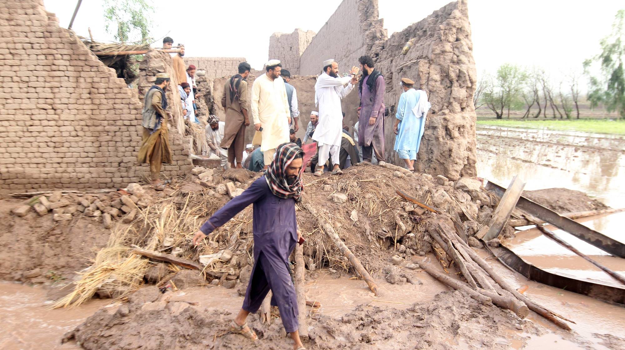 epa11480526 Afghans examine the scene of destruction after torrential rains in, Shansra Ghondai village, Sorkhroud district, Nangarhar province, Afghanistan, 15 July 2024. At least 35 people were killed and 230 injured in eastern Afghanistan after heavy rain caused by thunderstorms led to collapsed trees, walls, and roofs of houses, Quraishi Badloon, head of the department of information and culture said. This tragedy follows previous flash floods in May that had devastating effects on the country&#039;s population.  EPA/SHAFIULLAH KAKAR