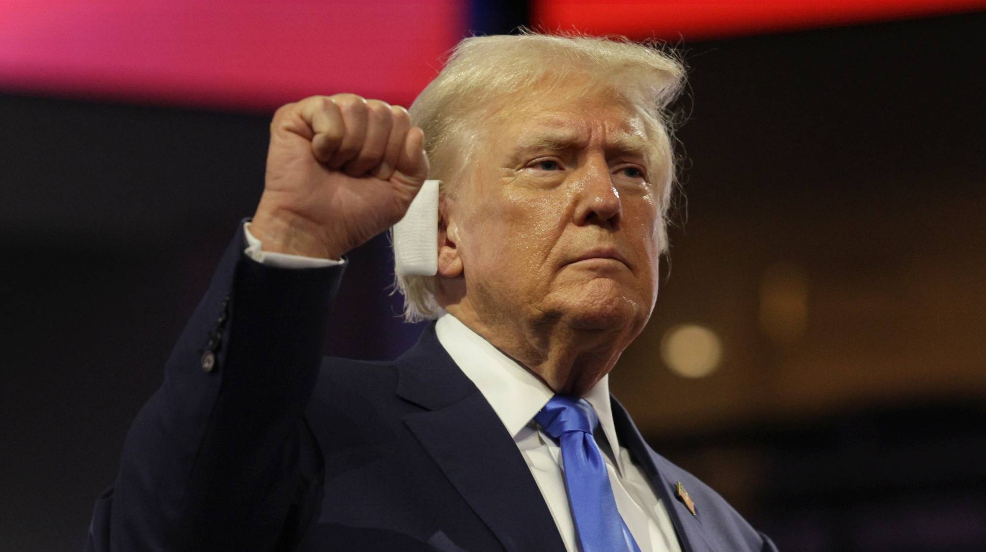 epaselect epa11482890 Republican presidential nominee Donald Trump gestures on the second day of the Republican National Convention (RNC) in Milwaukee, Wisconsin, USA, 16 July 2024. The convention comes days after a 20-year-old Pennsylvania man attempted to assassinate former president and current Republican presidential nominee Donald Trump. The 2024 Republican National Convention is being held from 15 to 18 July 2024, in which delegates of the United States Republican Party select the party&#039;s nominees for president and vice president in the 2024 United States presidential election.  EPA/ALLISON DINNER