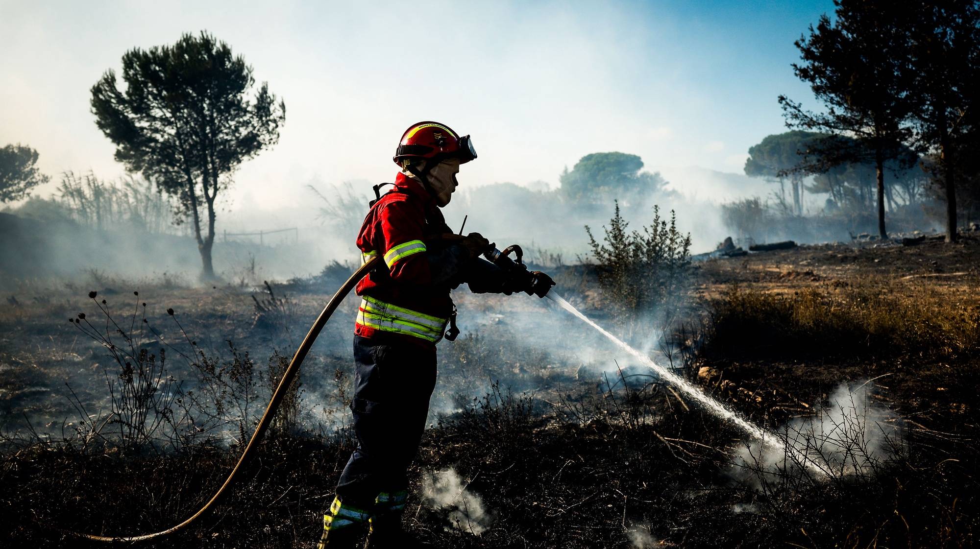 Um bombeiro durante um incêndio que deflagrou hoje em zona de mato por volta das 12:20, em Alcabideche, no concelho de Cascais, Lisboa, de acordo com a Proteção Civil, 21 de julho de 2024. Segundo a página da Autoridade Nacional de Emergência e Proteção Civil (ANEPC), consultada às 18:30, 374 bombeiros, 110 veículos e 10 meios aéreos combatiam o incêndio no local. ANTÓNIO PEDRO SANTOS/LUSA