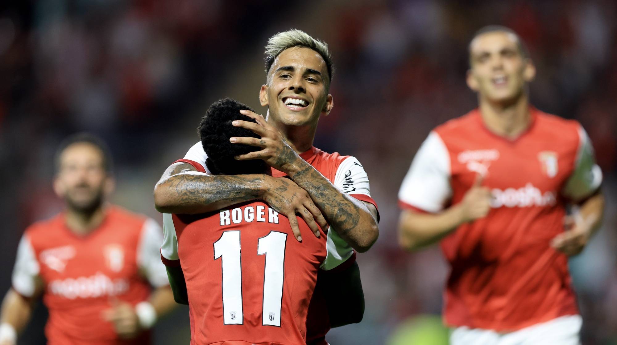 Braga&#039;s Rodrigo Salazar celebrates with Roger after scoring a goal against Maccabi Petah Tikva during their Europa League pre qualifying first round soccer match, at Braga Municipal stadium, Braga, Portugal, 25 July 2024. JOSE COELHO/LUSA