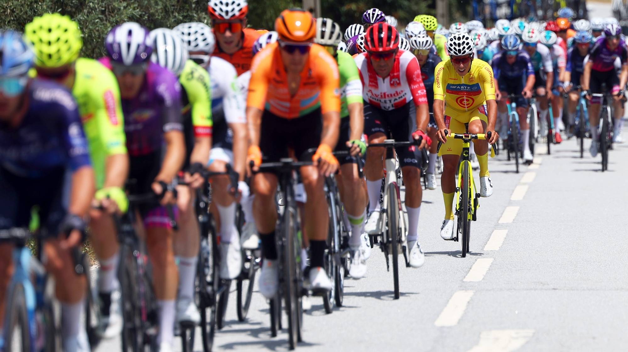 epa11510127 Portuguese rider Afonso Eulalio (R) (ABTF - Feirense) in action during the fifth stage of the 85th Portugal Cycling Tour over 176,8 Km, between Penedono and Braganca, Portugal, 30 July 2024.  EPA/NUNO VEIGA