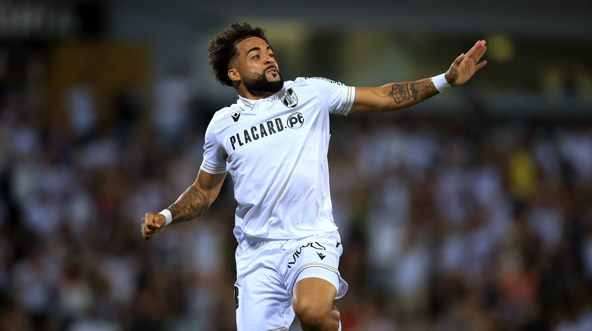 Vitoria&#039;s player Telmo Arcanjo celebrates a goal against Zurich during the UEFA Conference League third qualifying round soccer match between Vitoria Sport Clube and FC Zurich, at D. Afonso Henriques stadium, in Guimaraes, 15 August 2024. ESTELA SILVA/LUSA