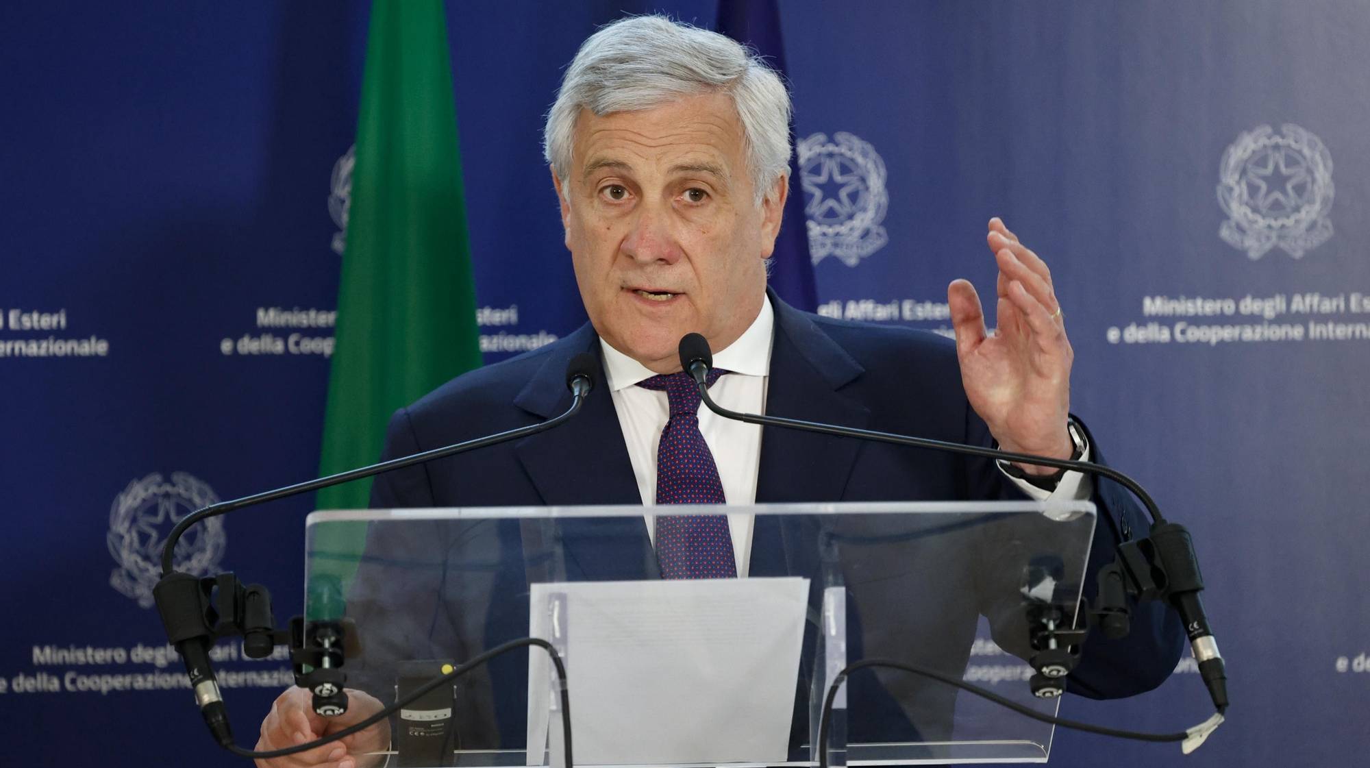 epa11492815 Italian Foreign Minister and Deputy Prime Minister Antonio Tajani speaks during joint press conference with Serbian Minister of Foreign Affairs, Marko Djuric, in Farnesina (Ministry of Foreign Affairs), in Rome, Italy, 23 July 2024.  EPA/FABIO FRUSTACI