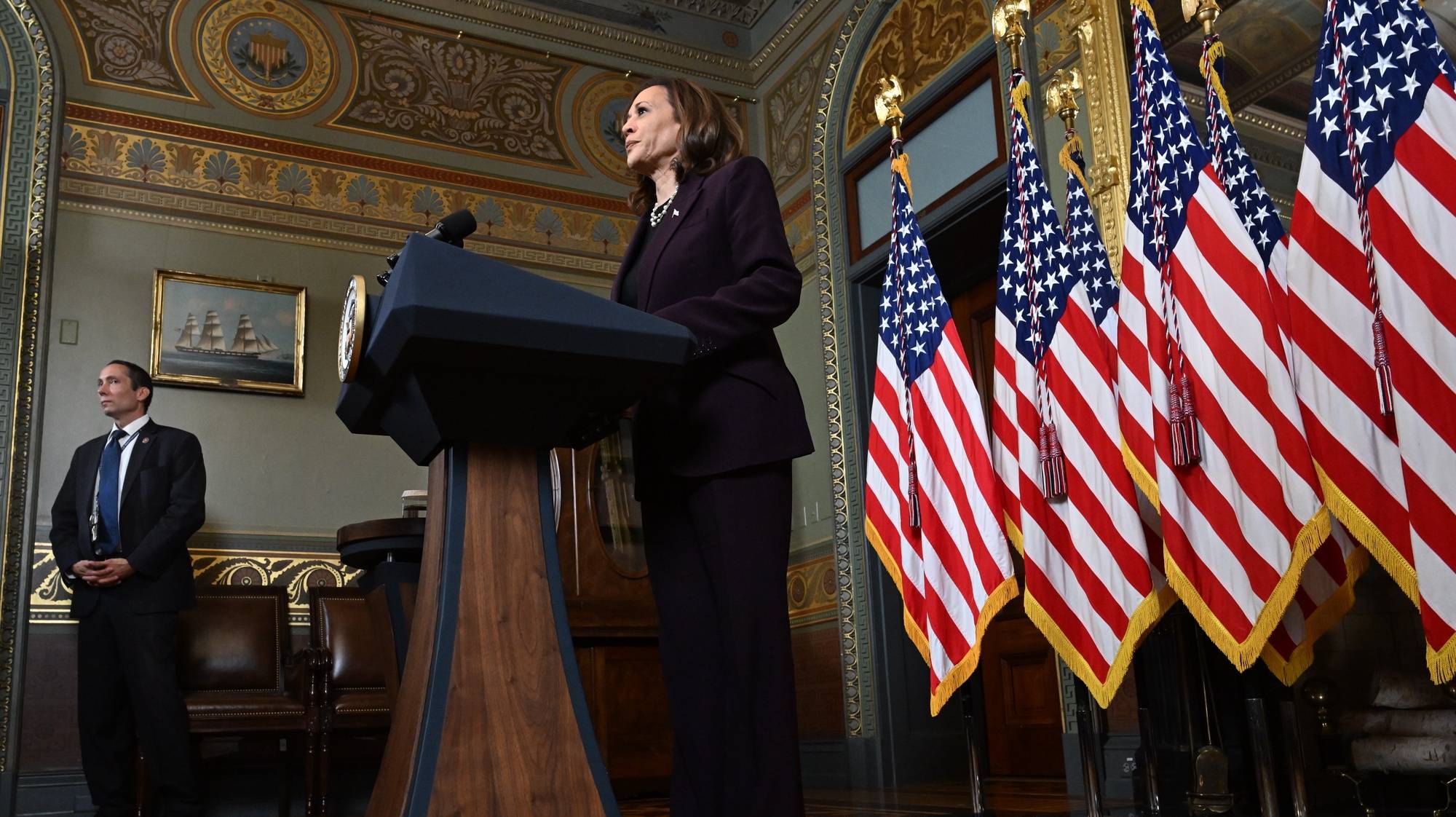 epa11496597 US Vice President Kamala Harris delivers remarks after meeting with Israel Prime Minister Benjamin Netanyahu in the Vice President&#039;s ceremonial office on the White House complex in Washington, DC, 25 July 2024. US President Joe Biden also hosted Israeli Prime Minister Netanyahu the day after Netanyahu delivered an address to a joint meeting of the US Congress.  EPA/KENNY HOLSTON / POOL