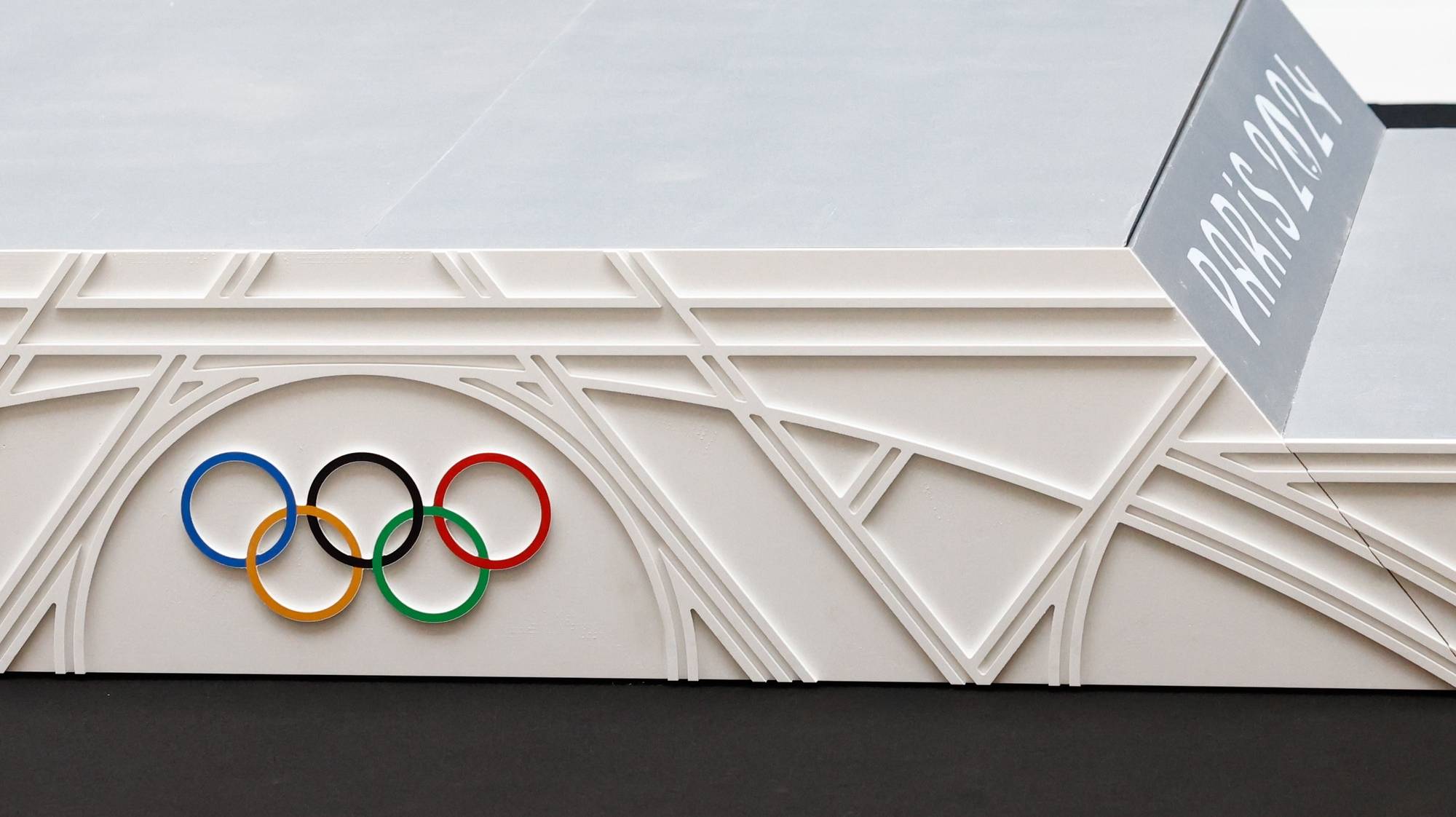 epa11363671 A picture shows a part of the medal podium for Olympic Games, at the headquarters of the Olympic Committee in Saint Denis, France, 23 May 2024. P&amp;G and Paris 2024 unveil medal podiums for Olympic and Paralympic Games which have inspired by the iconic works of Gustave Eiffel in presence of President of the Paris 2024 Tony Estanguet, President and General Manager of P&amp;G France Béatrice Dupuy, and French Para triathlete Alexis Hanquinquant.  EPA/Mohammed Badra