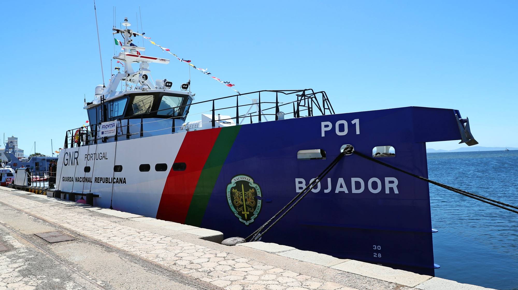 Lancha de Patrulhamento Costeiro “Bojador” da Guarda Nacional Republicana (GNR), em Sant&#039;Antioco, que integrou a Operação Conjunta “THEMIS 2022” - Itália, sob a égide da Agência da Guarda Europeia de Fronteiras e Costeira (FRONTEX), no âmbito da coordenação operacional nas fronteiras externas da União Europeia, para controlar os fluxos de migração e impedir a criminalidade transfronteiriça, Sant&#039;Antioco, Sardenha, Itália, 29 de junho de 2022. NUNO VEIGA/LUSA