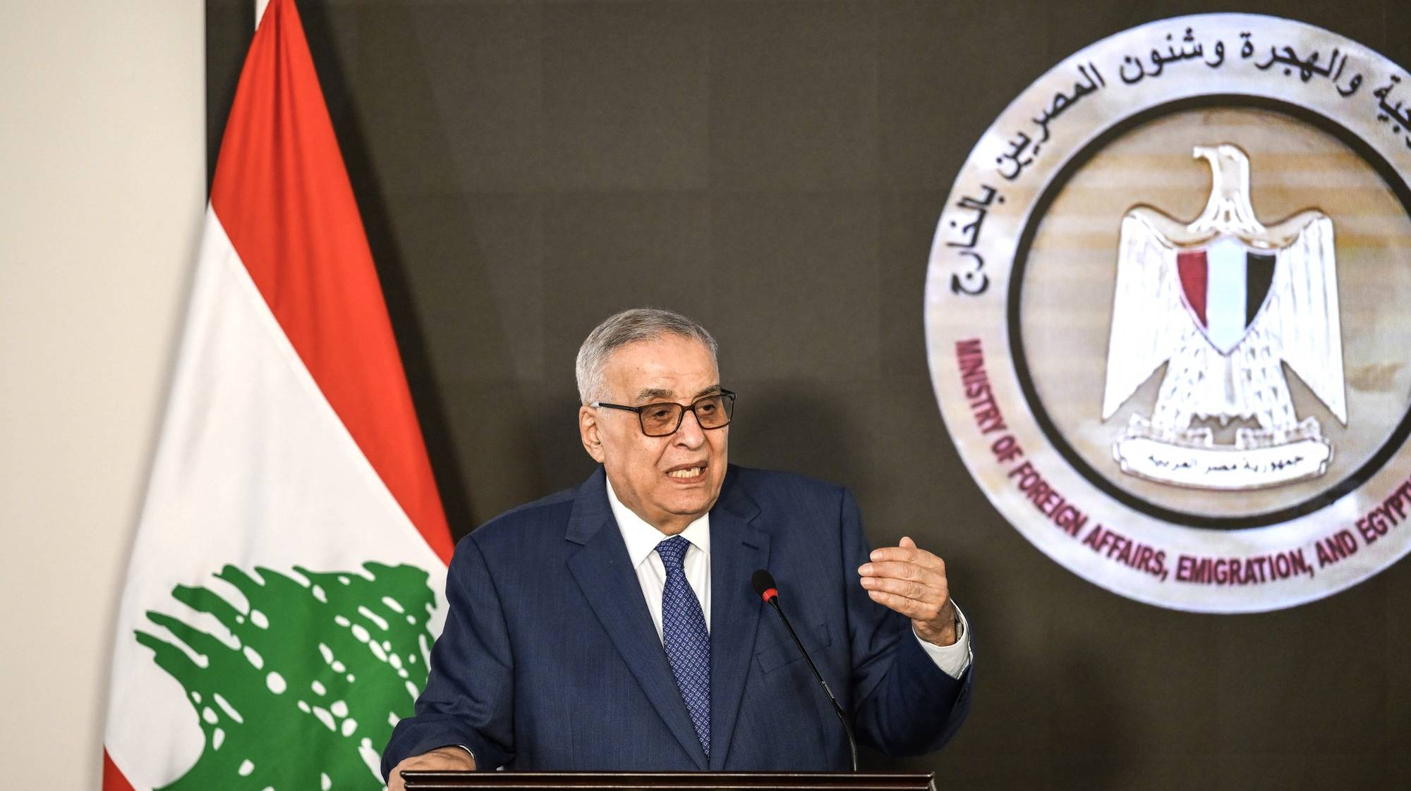 epa11529500 Lebanese Foreign Minister Abdallah Bou Habib speaks during a press conference with Egyptian Foreign Minister Badr Abdelatty (not pictured) following their meeting at the new capital administration in Cairo, Egypt, 06 August 2024. According to Egyptian state media, the two foreign ministers met in Cairo on 06 August to discuss the escalating tension in the region.  EPA/MOHAMED HOSSAM