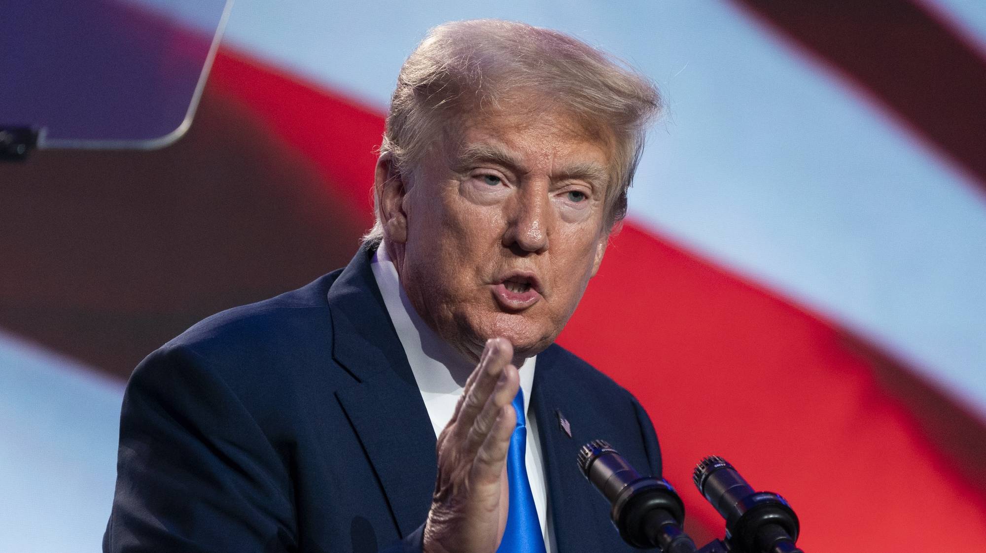 epa10863431 Former US President and the 2024 Republican presidential candidate Donald J. Trump delivers a campaign speech at the Pray Vote Stand Summit in Washington, DC, USA, 15 September 2023. Former President Trump holds a commanding lead in the Republican primary with Florida Governor Ron DeSantis in a distant second place.  EPA/SHAWN THEW