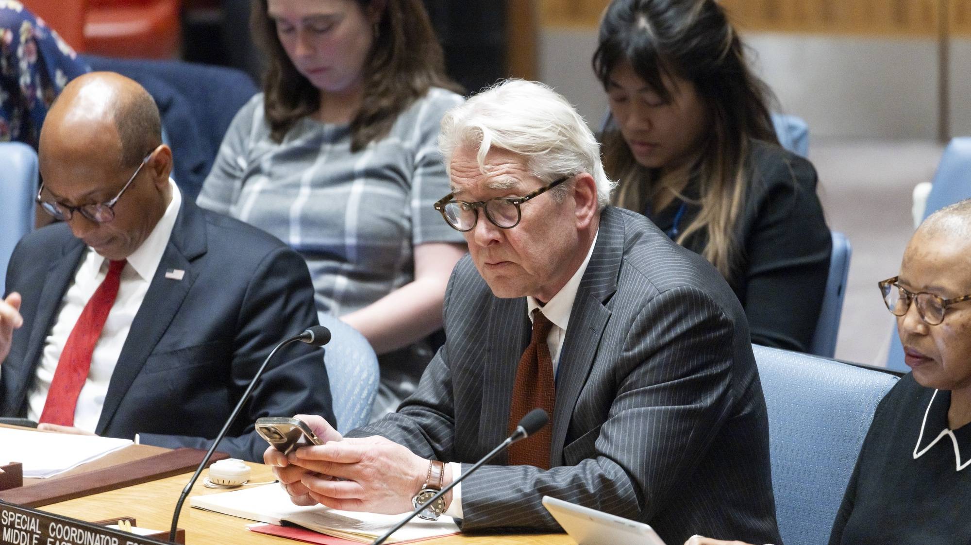 epa11377437 Tor Wennesland (C), United Nations Special Coordinator for the Middle East Peace Process, looks on during a United Nations Security Council meeting to discuss the ongoing Israel-Gaza conflict, particularly the recent violence in Rafah, in New York, New York, USA, 29 May 2024. More than 36,000 Palestinians and over 1,400 Israelis have been killed, according to the Palestinian Health Ministry and the Israel Defense Forces (IDF), since Hamas militants launched an attack against Israel from the Gaza Strip on 07 October 2023, and the Israeli operations in Gaza and the West Bank which followed it.  EPA/JUSTIN LANE