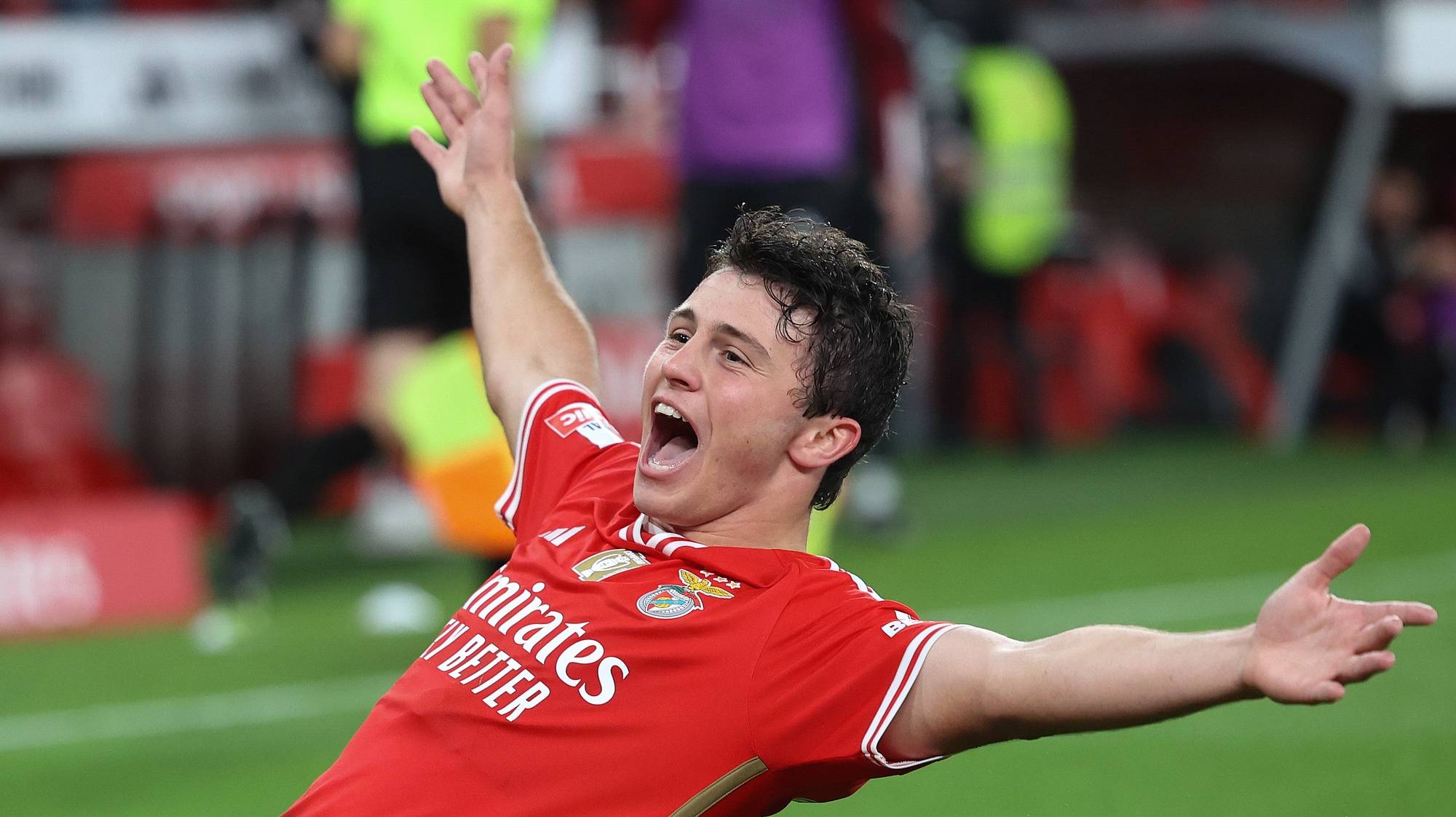 SL Benfica Joao Neves celebrates after scoring the 1-0 lead goal during the Portuguese First League soccer match between SL Benfica and GD Chaves at Luz Stadium in Lisbon, Portugal, 29 March 2024. MANUEL DE ALMEIDA/LUSA