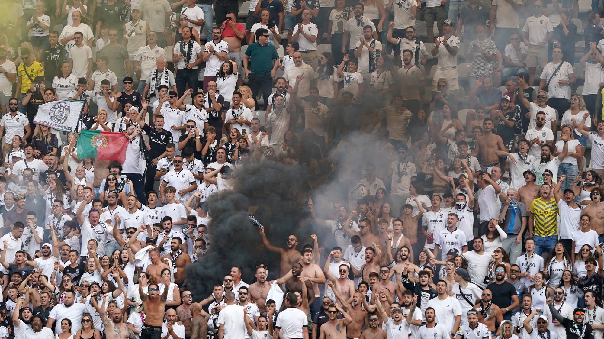 Vitoria de Guimaraes supporters cheer during their UEFA Europa Conference League qualification soccer match against Hajduk Split, held at D. Afonso Henriques stadium, in Guimaraes, Portugal, 10 August 2022. HUGO DELGADO/LUSA